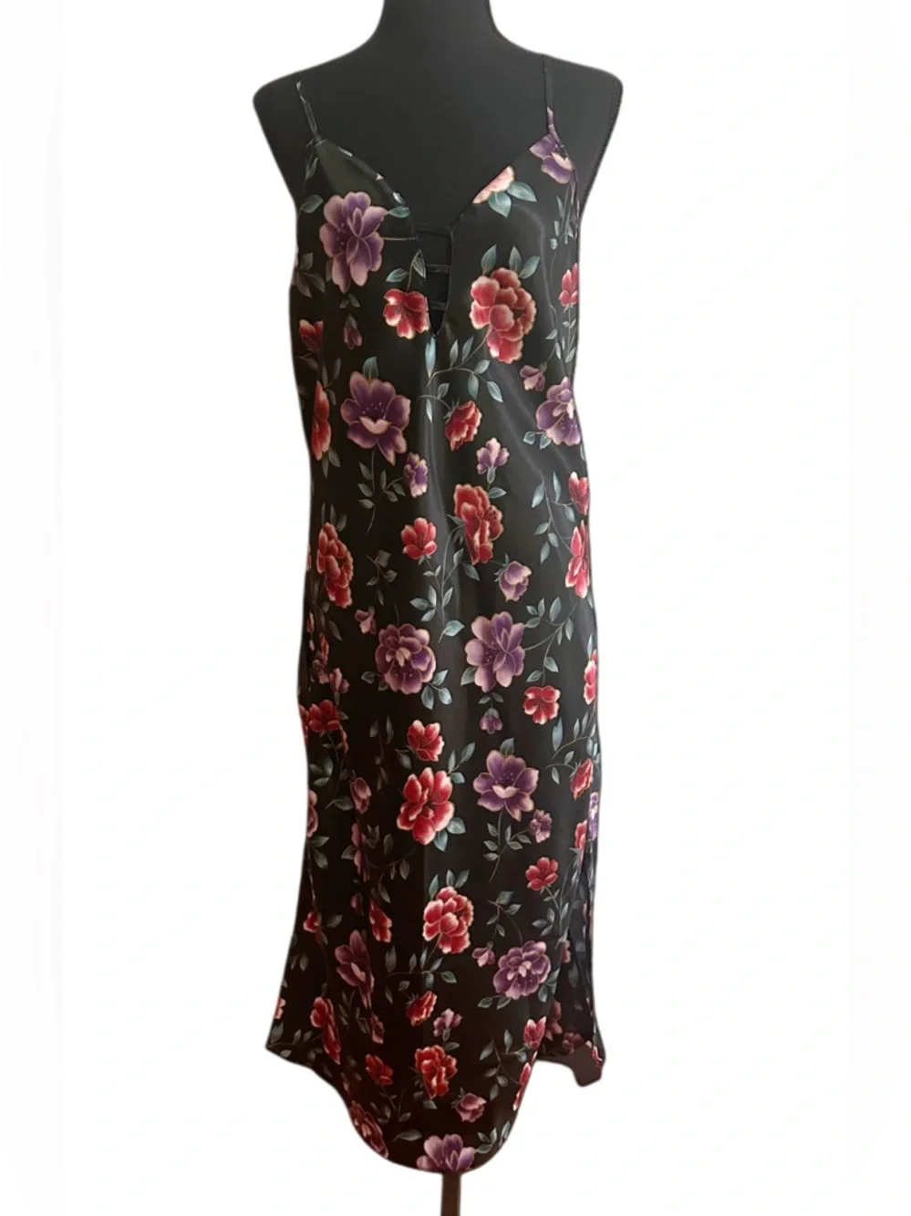 Black Floral Satin Slip Dress with Pink & Purple Blooms - Picture 4 of 5